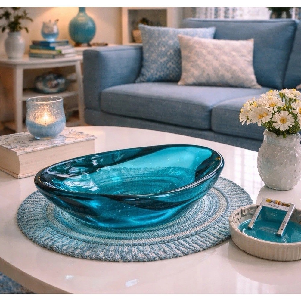 LE Smith Colonial Blue Freeform Orbit Retro Glass Ashtray Mid Century MCM 7.5"